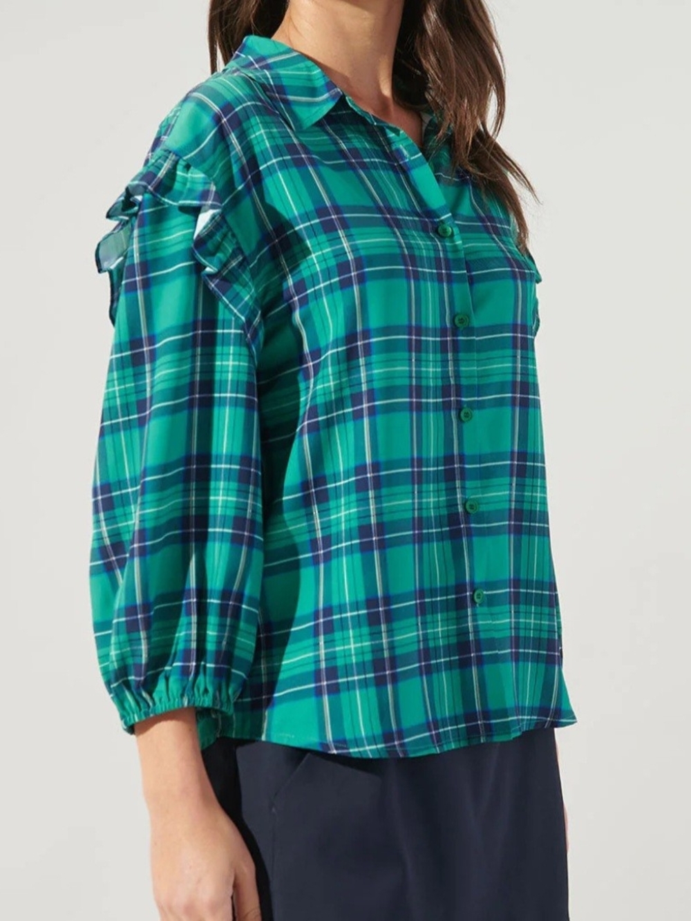 Sugar Lips NWT Womens Green & Blue Plaid Ruffle Button-Up; Size M